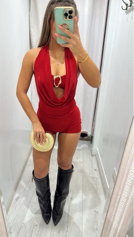 Ashton red 3-piece sleeveless coord with bandeau bralette and shorts, minimalist style.