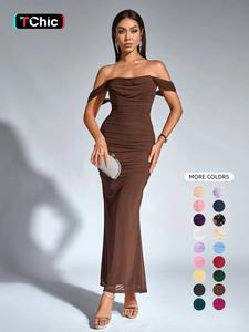 Women's Off The Shoulder Ruched Draped Backless Bodycon Ruched Mermaid Dress, Chic Elegant Slim Fit Zipper Back Long Dress for Party Club Dating Wear, Ladies Summer Clothes, Minimalist Womenswear, Wedding Dress, Formal Wear, Evening Party Dresses