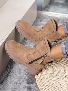 Women's Fashion Plain Side Zipper Design Thick Plush Snow Boots, Casual Comfortable Thermal Lined Boots for Fall & Winter Wear, Please Take One Size Larger