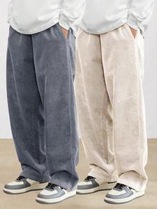 Men's Solid Pocket Drawstring Waist Corduroy Pants, Casual Comfy Loose Straight Leg Trousers for Fall & Winter, Men's Bottoms for Daily Wear
