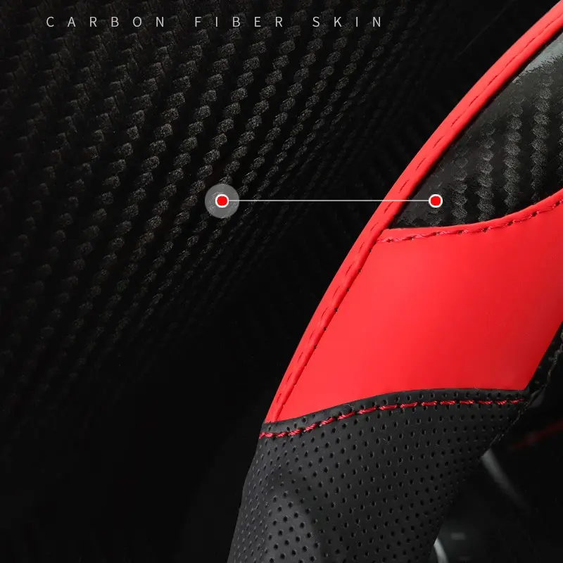 UNIVERSAL CAR STEERING WHEEL COVER ANTI-SLIP RED MESH RUBBER & CARBON 15"/38CM taxi uber and amazon flex driver upgrade stylish 3