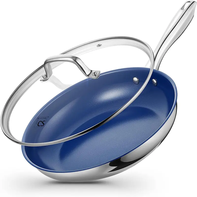 KOCH SYSTEME CS Stainless Steel Frying Pan, 8 Inch Stainless Steel Pan with Lid & Ultra Nonstick Blue Ceramic Coatings, 8 Inch Pans, Nontsick Small Frying Pans with Lid, Induction Compatible 0