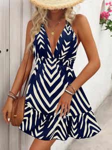 Women's Chevron Print Tie Back Dress, Lady Fashion Casual Halter Sleeveless A Line Dress for Daily Outdoor Wear, Women Dress for Summer, Womenswear