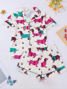 Women's Dog Print Shirt & Elastic Waist Shorts Pyjama Two-piece Set, Casual Comfy Short Sleeve Top & Shorts Pajamas Set, Ladies Sleepwear for All Seasons, Womenswear