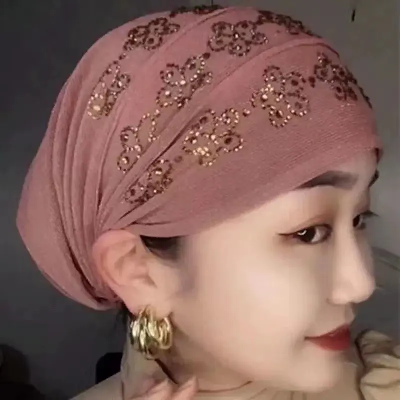 Muslim headscarf, hot diamond baotou hat, headgear, net red hair hood, lace hat