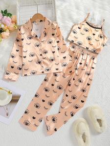 Valentine's Day Girl's Eye Heart Print Lapel Collar Three-piece Set, Button Front Top & Contrast Lace Camisole & Pants Set, Gift, Girl's Satin Matching Pajamas Set for Spring & Fall