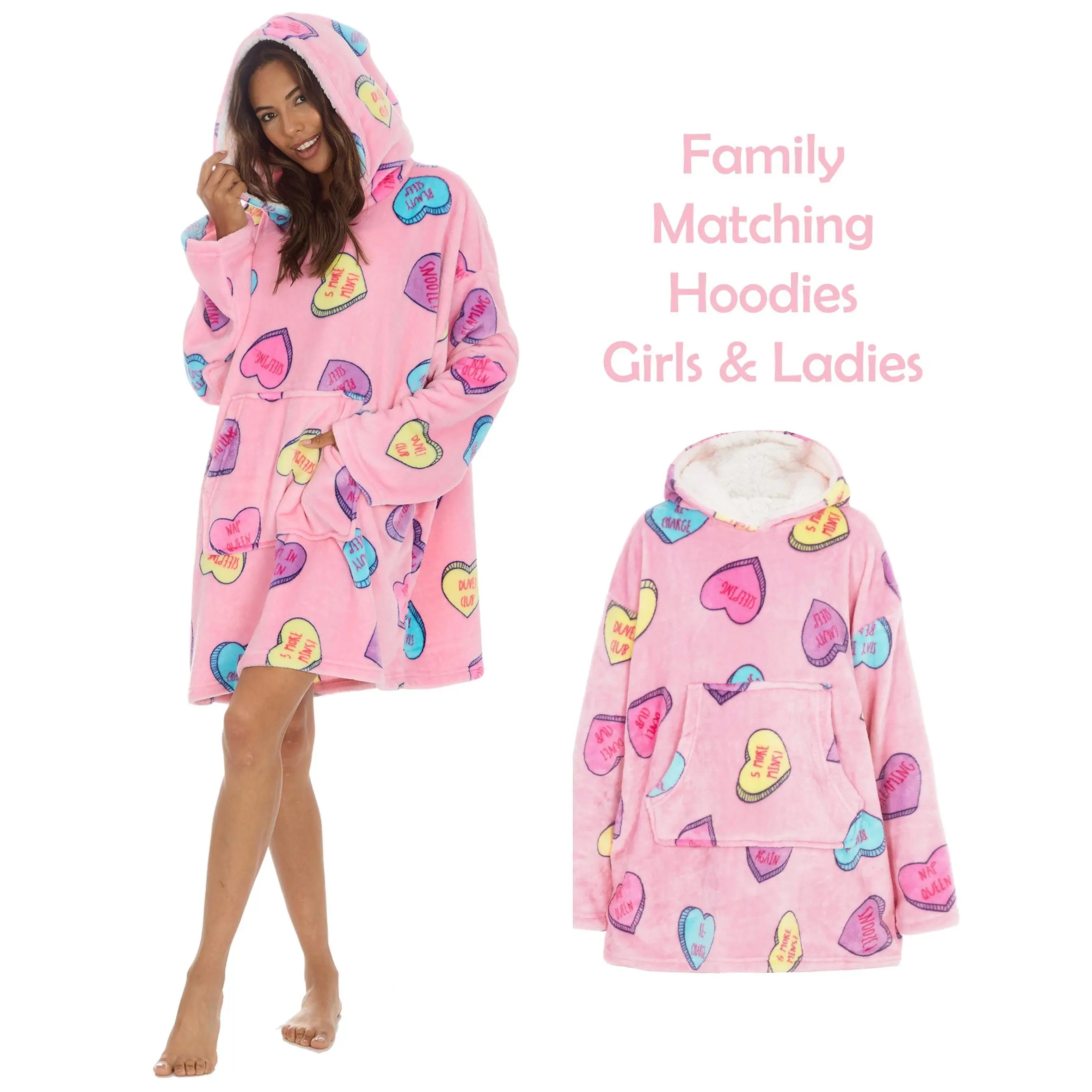Ladies & Girls Oversized Fleece Hoodie - Heart Pyjamas Loungewear Pajamas