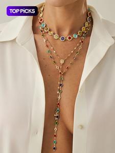 Women's Boho Style Alloy Chain Necklace Set, Colorful Boho Chic Crystal Pendant Jewelry for Women, Casual Daily Wear & Holiday Gift Ideas
