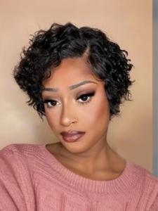 8 Inch Black Short Curly Wigs for Women, Gorgeous Fluffy Curly Wigs, Human Hair Lace Wigs for Party, Daily Use