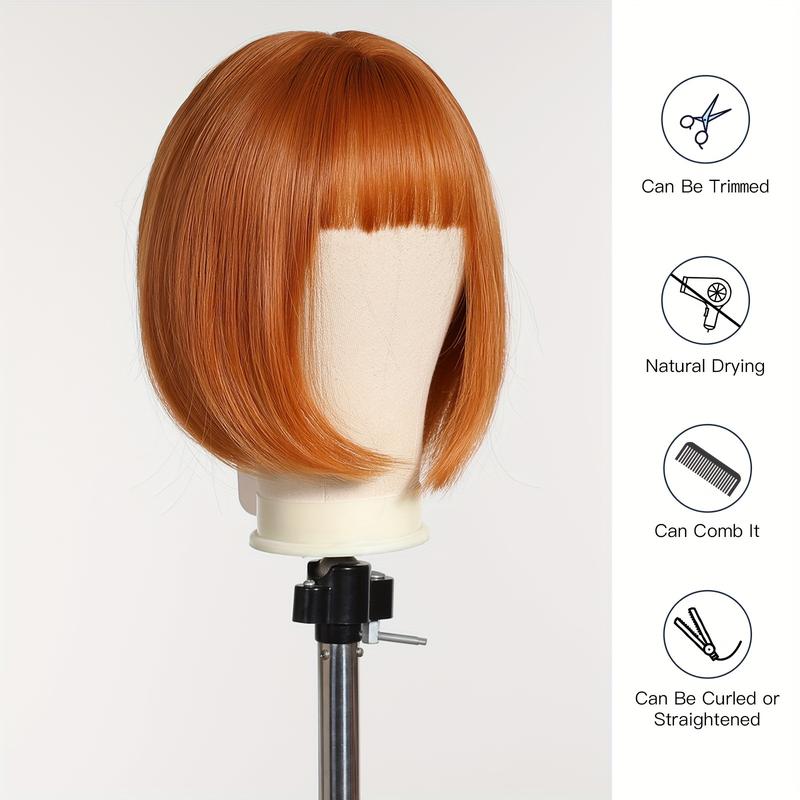 Chic 30.48cm Orange Short Bob Wig for Women - Beginner-Friendly, Heat Resistant Synthetic Hair with Bangs for Daily Wear & Cosplay 2