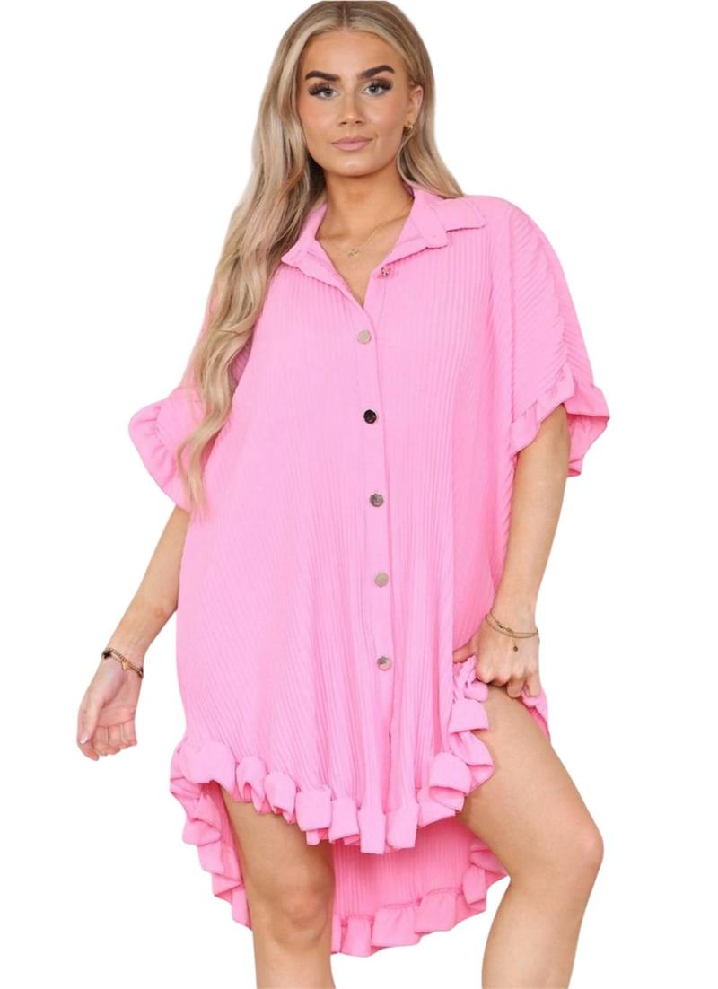 Product Introduction of Women's Lightweight Pleated Frill Hem Shirt Dress - Casual Loose Fit Collared Tunic with Gold Buttons - Comfort, Breathable 6