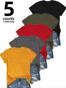 Women's Solid Round Neck Minimalist Tee, Basic Short Sleeve Crewneck T-shirt for Summer, Casual Everyday Wear Women's Top for Daily Wear, Clothing, Clothes for Women, Womenswear, Tshirt, Lady