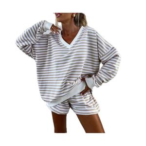 Autumn Women's Casual Striped Set Long Sleeve V-Neck Loose Top Sports Shorts Two- Set for Women two    outfit Clothes Suits