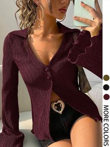 Women's Solid Color Bell Sleeve Blouses, Casual Elegant Long Sleeve Top for Daily Wear, Ladies Clothes for All Seasons