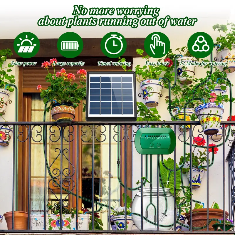 AnseTo Solar Irrigation System,Solar Drip Irrigation Kit with 15 Drippers,Solar Watering System DIY Automatic Watering System for Garden,Plant,Greenhouse,Terrace,Eco-Friendly and Energy-Saving, 2w 1