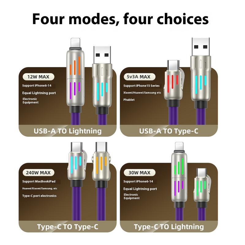 240W Data Cable Four-in-One Colorful Breathing Light Fast Charge Universal Phone Car Multifunction Type-C Charging Cable 2