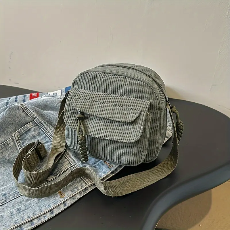 A&H     Harajuku-Style Vintage Corduroy Crossbody Bag - Japanese Casual Shoulder Handbag with Zipper, Striped Design and Polyester Lining - Unisex 4