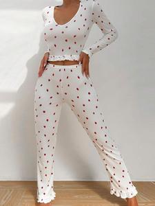 Two-Piece Set Women's Strawberry Print Ruffle Hem Pyjama, Casual Comfy V Neck Long Sleeve Top & Pants PJ Set, Women's Sleepwear for Spring & Fall Pajamas