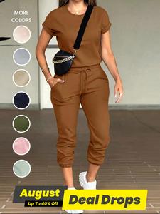 Two-piece Summer Clothing Set Women's Solid Color Shortsleeve Tee & Drawstring Waist Pants, Minimalist Round Neck T-shirt & Pocket Trousers for Daily Wear, Womenswear, Sweatsuits Women, Summer Outfit Set, Casual Lounge Set, Casual Fashion Set