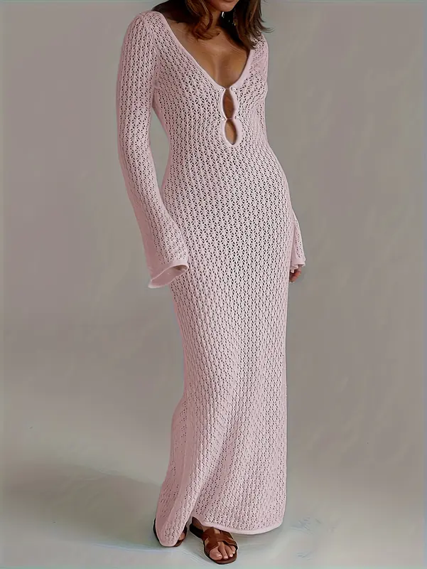 Summer new Women's solid color crochet long beach swimming holiday smock long sleeve sexy dress Casual Womenswear 5