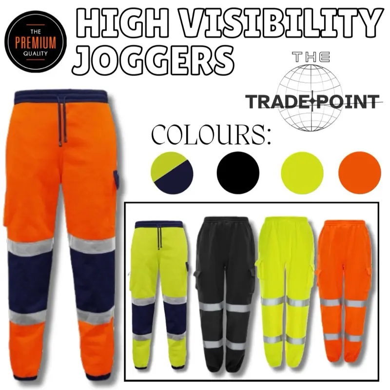 Hi Vis viz Workwear Joggers Jogging Bottoms Polyester Fleece Work Trousers Reflective Tape Fabric Menswear Breathable Casual Classic Day Big Long Medium Navy Black Blue Orange Outdoor Pants Pockets Small Sports Stylish Warmer Yellow Beige Plain