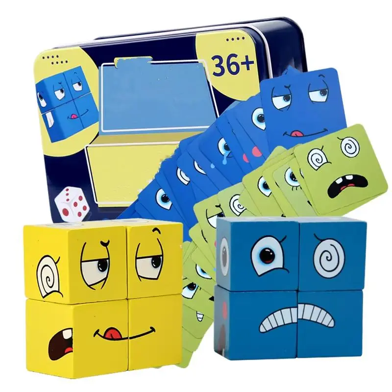 Cube Face Change Building Blocks Board Game Wood Puzzle Montessori Expression Wooden Blocks Blocos For Children Kids Toys Gift 5