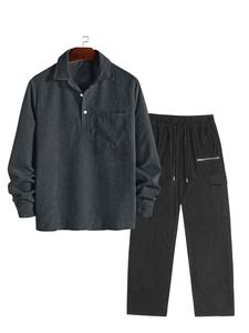 Men's Solid Color Corduroy Polo Shirt & Pants Set, Loose Casual Long Sleeve Button Up Top & Trousers, Men's Spring & Fall Clothes