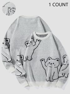 Men's Cartoon Cat Print Round Neck Sweater, Regular Fit Casual Long Sleeve Crew Neck Jumper for Fall & Winter, Fashion Men's Knitwear for Daily Wear