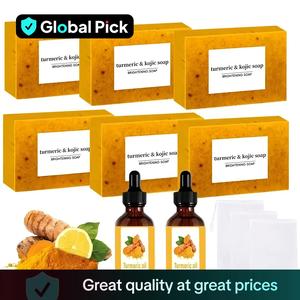 Turmeric Soap & Essential Oil Set, Including 6 Counts Turmeric Soap & 2 Counts Essential Oil & 3 Counts Soap Saver, Daily Skin Care Set for Men & Women