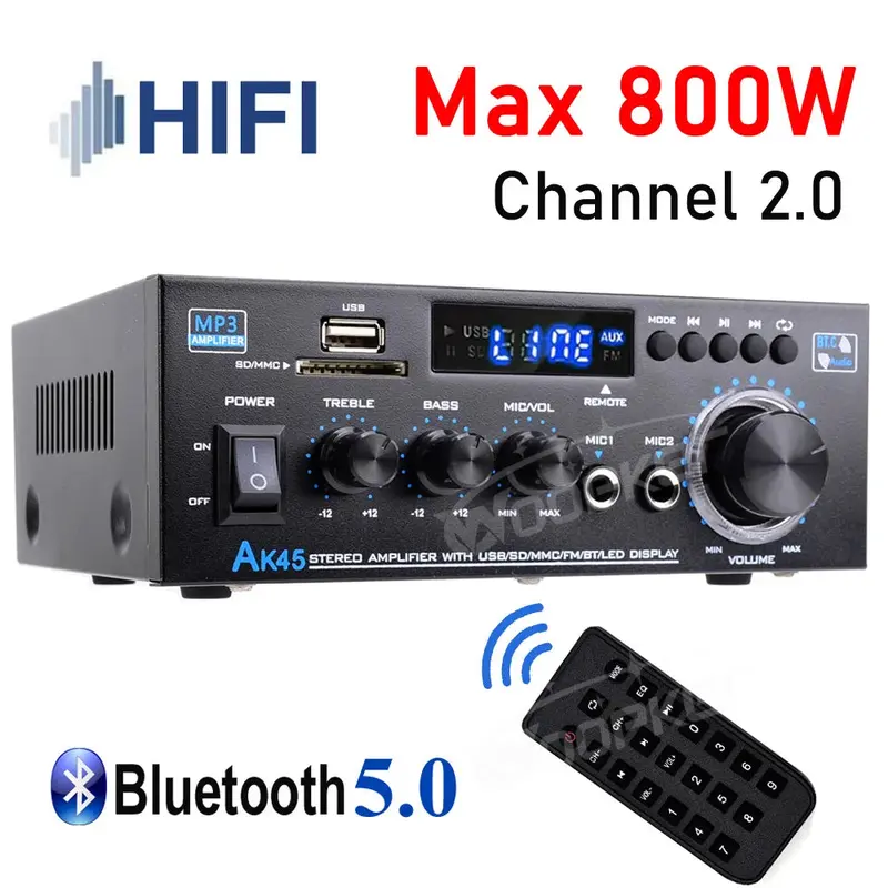 Woopker AK45 HiFi Digital Amplifier Max Power 90Wx2 Channel 2.0 Bluetooth Surround Sound AMP Speaker for Home 6