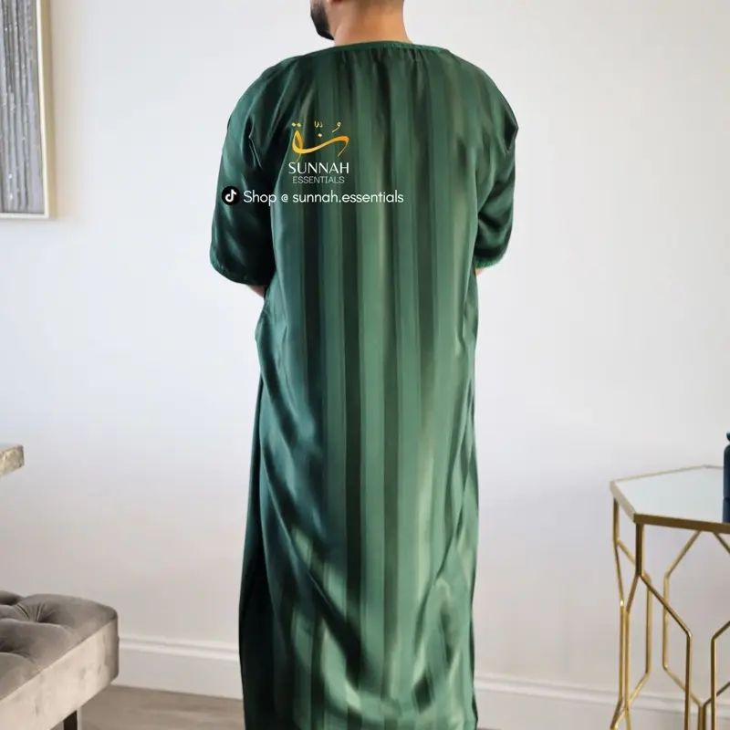 Moroccan Thobes Striped in Butter Yellow, Green & Navy Blue - Islamic Clothing 8