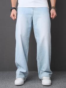 Men's Solid Color Straight Leg Jeans, Loose Fit Casual Style Comfy Denim Trousers for Daily Wear, Fashion Men's Bottoms for All Seasons, Cotton