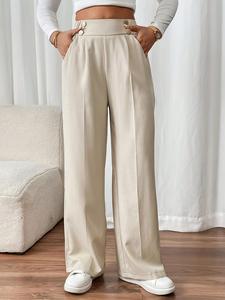 【Plus Size】 Solid Color Button Decor Wide Leg Pants, Casual Comfy Trousers for Daily Wear, Women's Bottoms for Summer