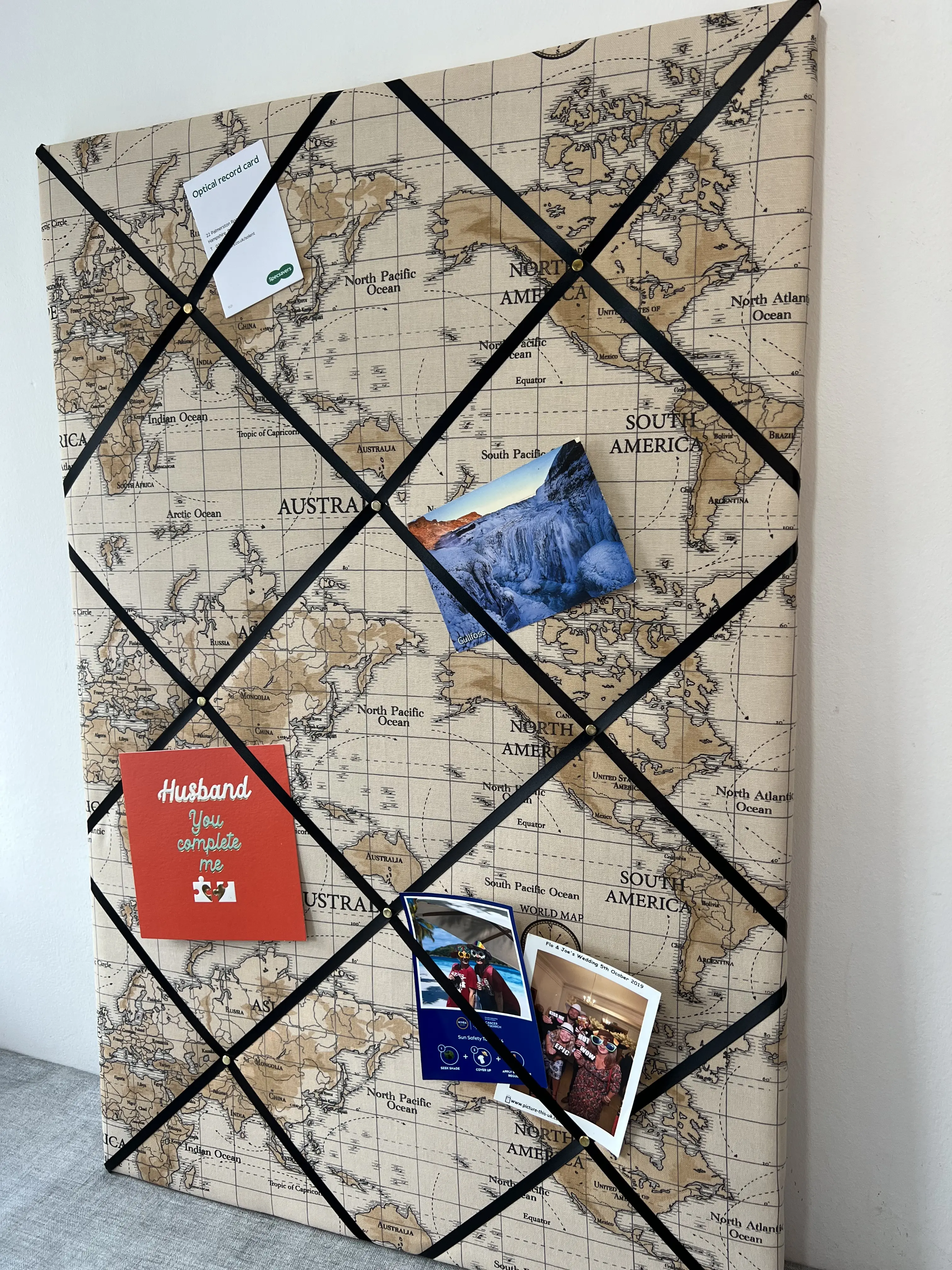 Atlas World Map Fabric Notice Board – Stunning French Memo Bulletin Board in Stone with Ribbon, Cork Pin Option, Ideal for Photos & Travel Memories, Custom Made & Handcrafted in Multiple Sizes