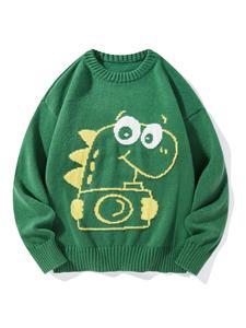 Men's Cartoon Dinosaur Print Drop Shoulder Sweater, Regular Fit Casual Long Sleeve Round Neck Jumper for Fall & Winter, Fashion Men's Knitwear for Daily Wear