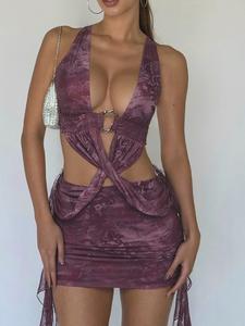 Women's All Over Print / Plain  Cut Out Halter Dress, Fashion Casual Sleeveless Dress for Daily Outdoor Wear, Ladies Dress for Summer Dress, Halter Strap Dress