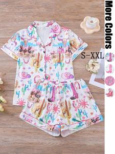 Women's All Over Print Shirt & Shorts Pajama, Western Cowboy Style Casual Shortsleeve Top & Shorts Set, Ladies Sleepwear for All Seasons, Womenswear, Loungewear, Pjs, Pyjamas, Womens Clothes, Cute Pajama Sets, Cowgirl Pajama Shorts, Summer Pajamas Set