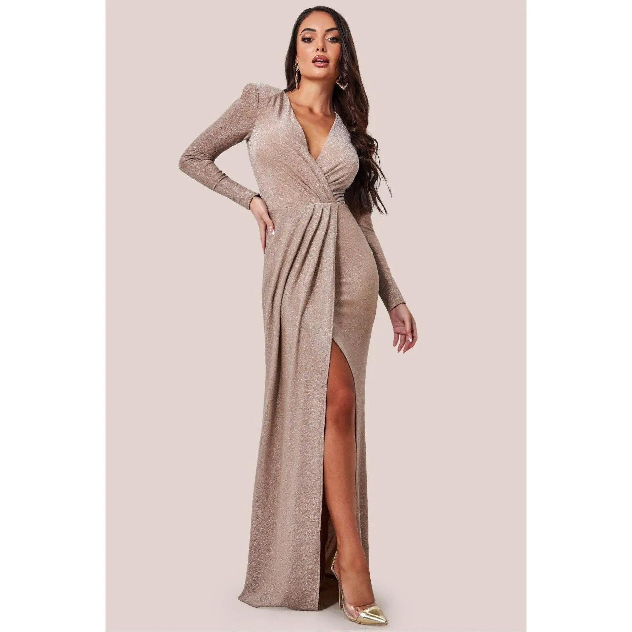 Goddiva Plunge Neck Wrap Front Split Lurex Maxi Dress - Nude