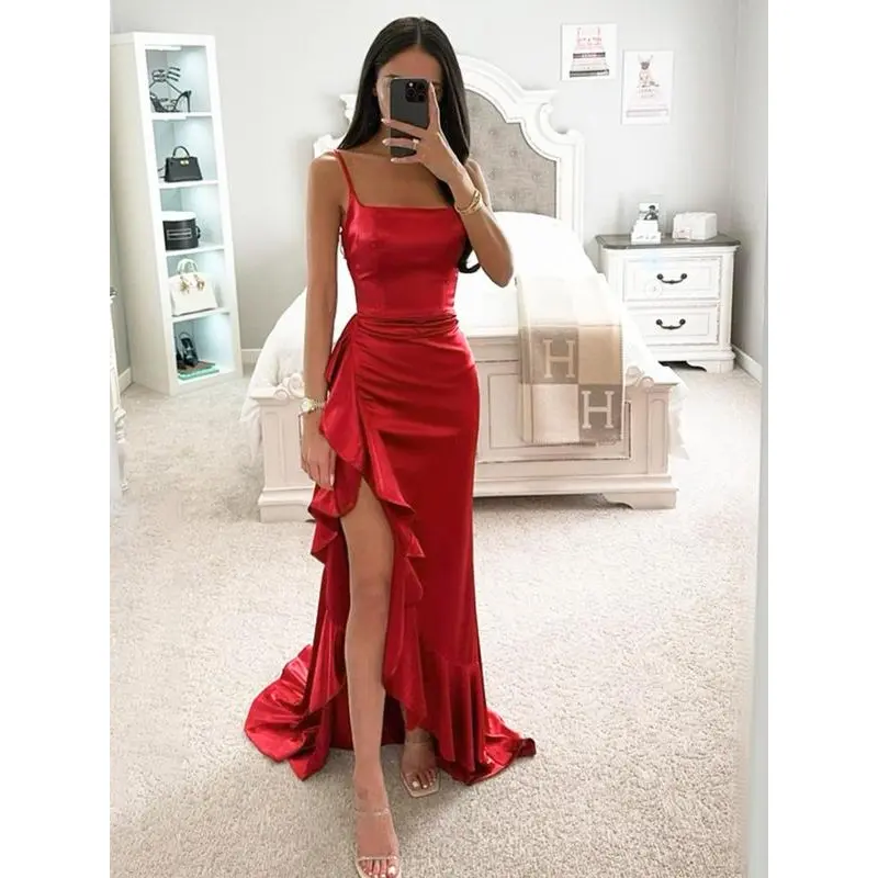 Women's Plain Ruched Backless Split Thigh Cami Dress, Elegant Asymmetrical Ruffle Hem Zipper Back Evening Party Gown, Ladies Clothes for All Seasons Valentine's Day, gift
