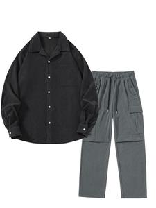 Men's Solid Color Corduroy Shirt & Pants Set, Casual Long Sleeve Button Front Top & Straight Leg Trousers, Men's Spring & Fall Clothes