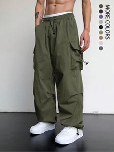 Men's Plain Pocket Drawstring Waist Cargo Pants, Casual Loose Street Stylish Wide Leg Trousers, Men's Bottoms for Spring & Summer, Wide Legged Pants, Men Cargo Pants, Men's Clothing, Pants for Men, Work Trousers Men, Work Pants Men, Menswear