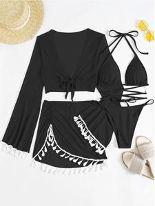 Two-piece Set Women's Solid Bikinis Set, Criss Cross Tie Back Triangle Bikini Top & Thong & Fringe Trim Flounce Sleeve Top & Ruched Asymmetrical Cover Up Bottom, Ladies Summer Swimsuit Set, Modest Swimming Wear