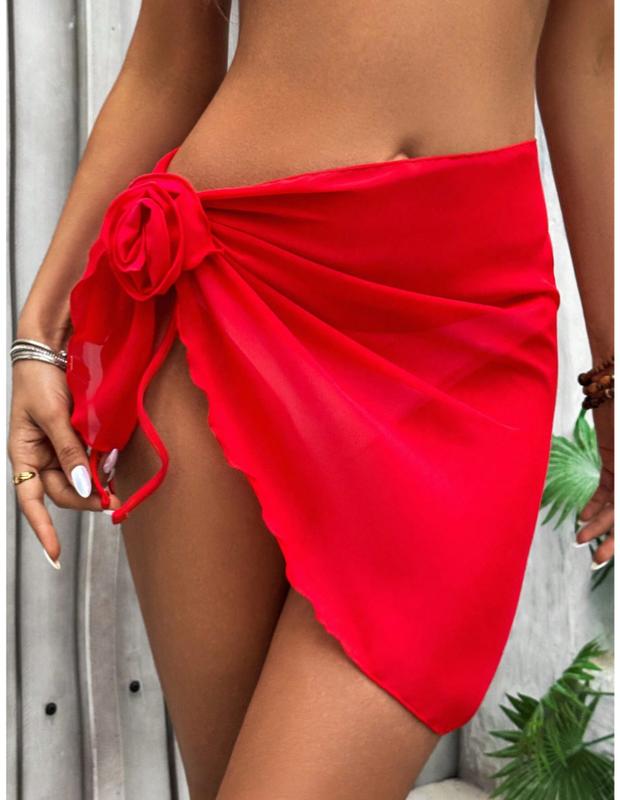 SHEIN Swim Women Solid 3D Floral Decor Cover-Up Tunic & Midi Skirt Set for Holiday Summer 2