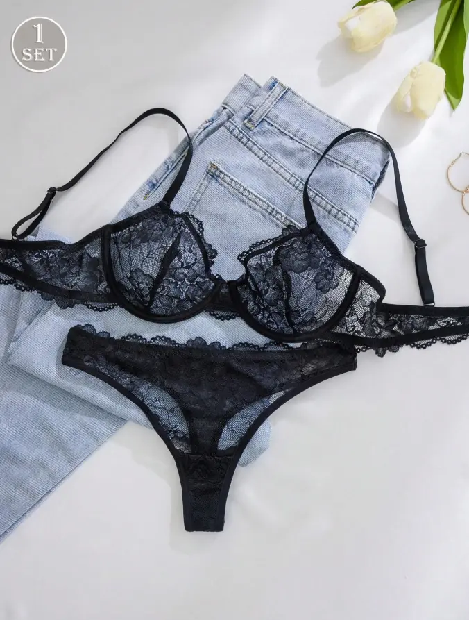 1set Women Solid Color Lace Wireless Comfortable Bra And Panty Set Two Pieces Set Women 2 Pieces Set
