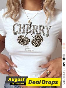 Women's Plain / Cherry & Letter Print Round Neck Crop Tee, Casual Short Sleeve Crewneck T-shirt for Summer, Fashion Women's Knit Top for Daily Wear, Summer Tops, Slim Tshirt