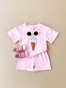 Baby's Ice Cream Patch Short Sleeve Tee & Shorts Two-piece Set, Cute Casual Round Neck T-shirt & Shorts for Daily Wear, Infant Toddler Kids Summer Clothes, Clothing, Newborn Gift Set