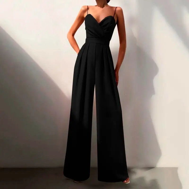 [2025]Elegant Suspenders V Neck Jumpsuit Women Fashion Sleeveless Backless High Waist Jumpsuit Solid Color Party Overalls For Women
