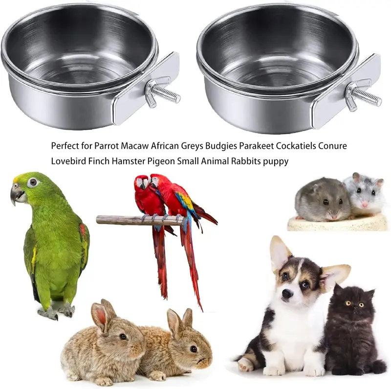2Pcs Parrot Food Water Bowls,Bird Feeding Dish Cups Set,Stainless Steel Pet Hanging Bowl,Bird Cage Water Bowl with Clamp for Small Animal,Parrot Cockatiel Conure Budgies Parakeet Lovebird Chinchilla 0