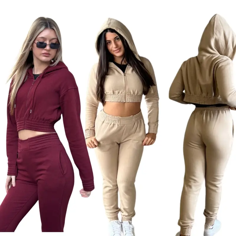Crop Zip Hooded Loungewear - Valentina Cropped Drawstring Jogger Womenswear Overalls Stitch Suits Underwear Lady Comfort 0