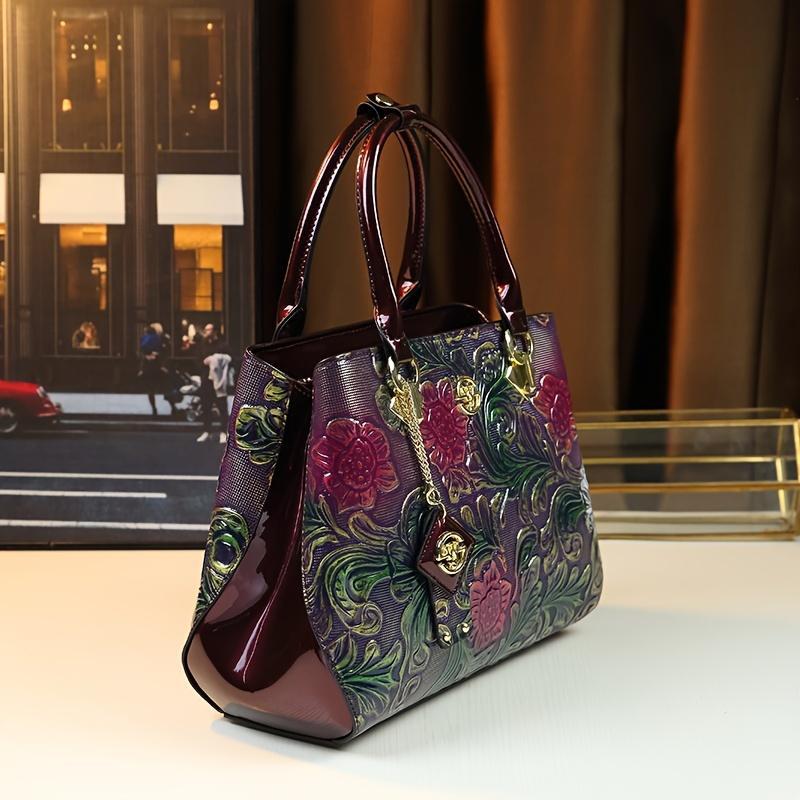 Vintage Floral Embossed Women's Handbag - Elegant Purple & Green Crossbody Bag with Detachable Strap, Perfect for Commuting or Gifting, Novelty Purse 4